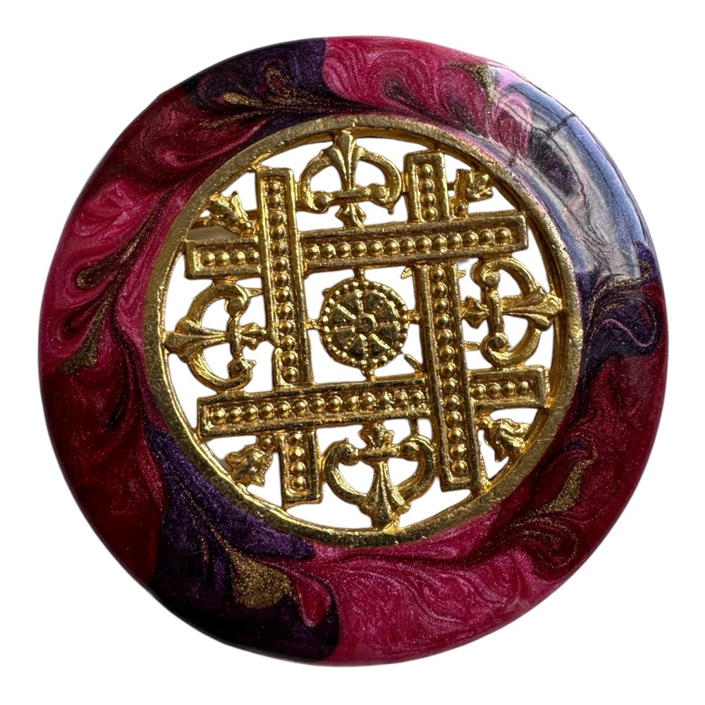 Vintage 2.25”‎ Round Brooch Red, Purple & Gold Swirl with Filigree Center